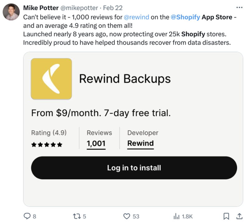 Rewind Shopify App Store 1,000 reviews